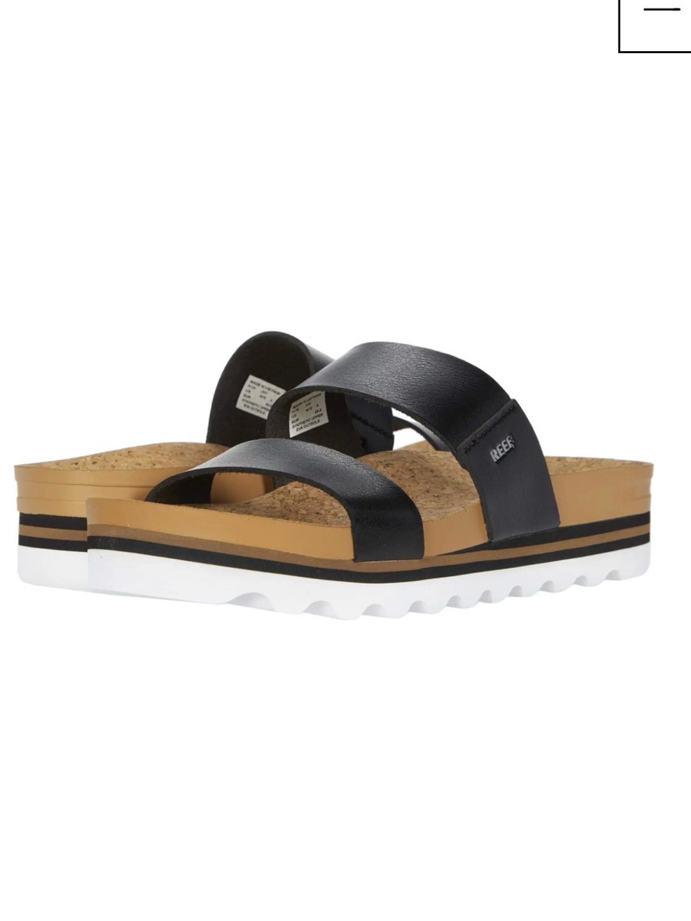 Reef Women’s Black and Tan Banded Horizon Platform Slide Sandals